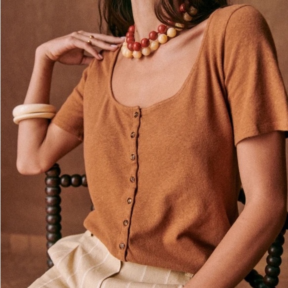 Sezane Milo Camel Brown Button Front Linen Blend Short Sleeve T-Shirt Size M NWT